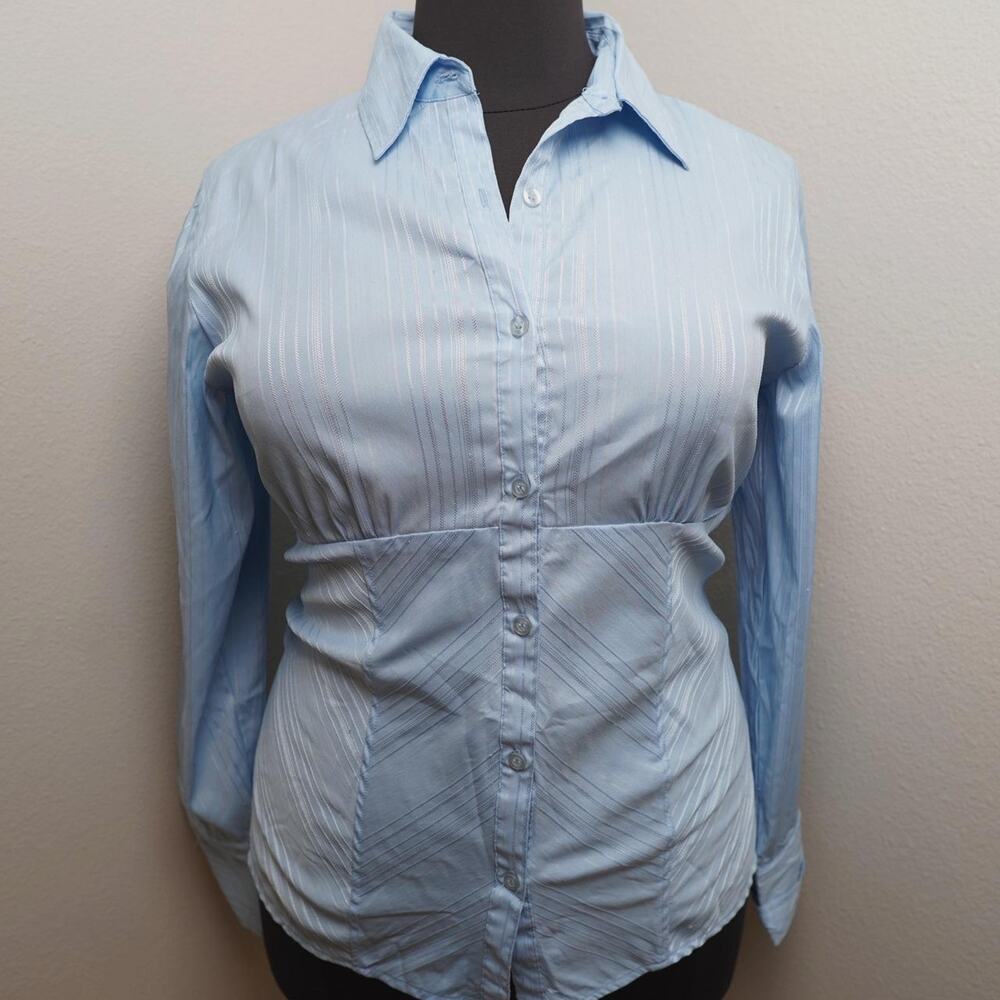 Ashley Stewart Blue Stretch Button Up Top Y2K